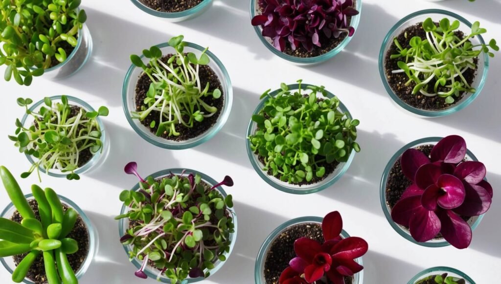 Foto profissional em close-up de vários microgreens coloridos em pequenos recipientes, mostrando variedades vibrantes de verde, roxo e vermelho, fundo branco limpo, arranjo de vista superior - guia nutricional microverdes