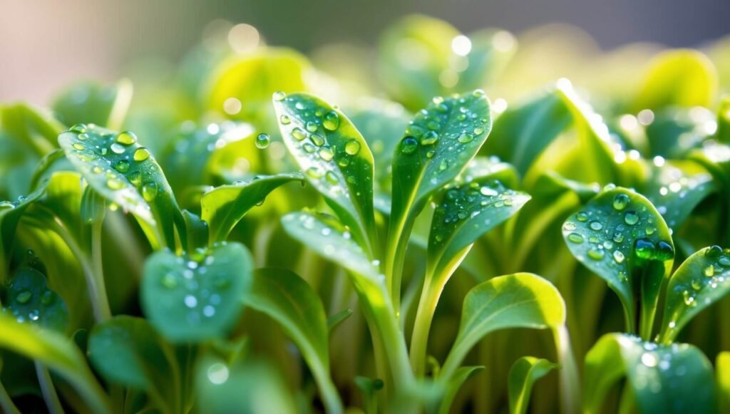 Fotografia macro detalhada de microgreens mostrando gotas de água ricas em minerais nas folhas, enfatizando a densidade nutricional e a iluminação natural - guia nutricional microverdes