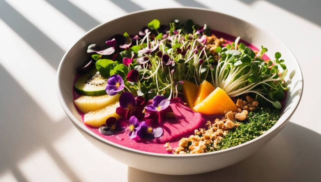 Tigela de smoothie colorida coberta com microverdes frescos, mostrando maneiras criativas de consumi-los, iluminação natural brilhante, apresentação digna do Instagram