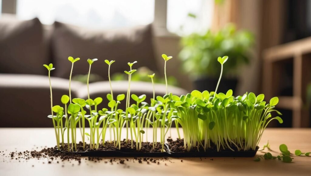 Imagem em estilo lapso de tempo mostrando o processo de cultivo de microgreens, desde as sementes até a colheita em um apartamento, demonstrando os benefícios do cultivo doméstico