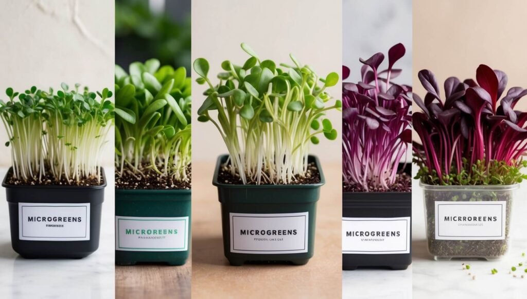 Imagem em tela dividida mostrando cinco tipos diferentes de microgreens em pequenas bandejas de cultivo, etiquetadas com nomes, mostrando a variedade e as cores disponíveis para iniciantes - guia nutricional microverdes