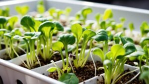 Foto profissional em close-up de microgreens de brócolis mostrando cotilédones verdes vibrantes e folhas verdadeiras emergindo, cultivados em uma bandeja com substrato limpo e iluminação natural