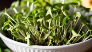 Fotografia em close-up de microgreens de girassol frescos em uma tigela branca, mostrando suas folhas e caules característicos, iluminação natural brilhante, estilo de fotografia de alimentos, cores verdes vibrantes