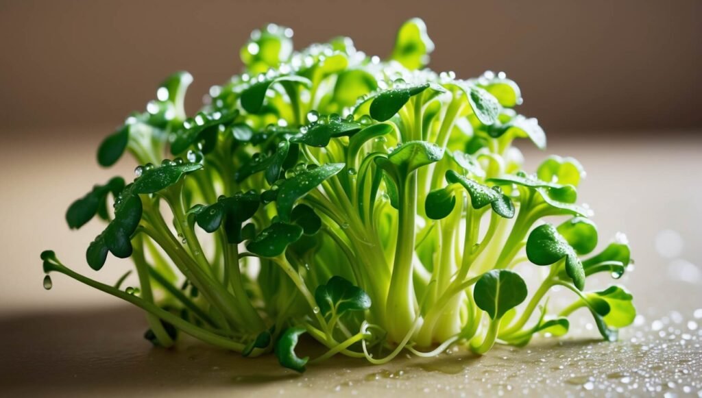 Fotografia macro de microgreens de brócolis com gotas de orvalho destacando sua densidade nutricional, iluminação artística enfatizando frescor e vitalidade