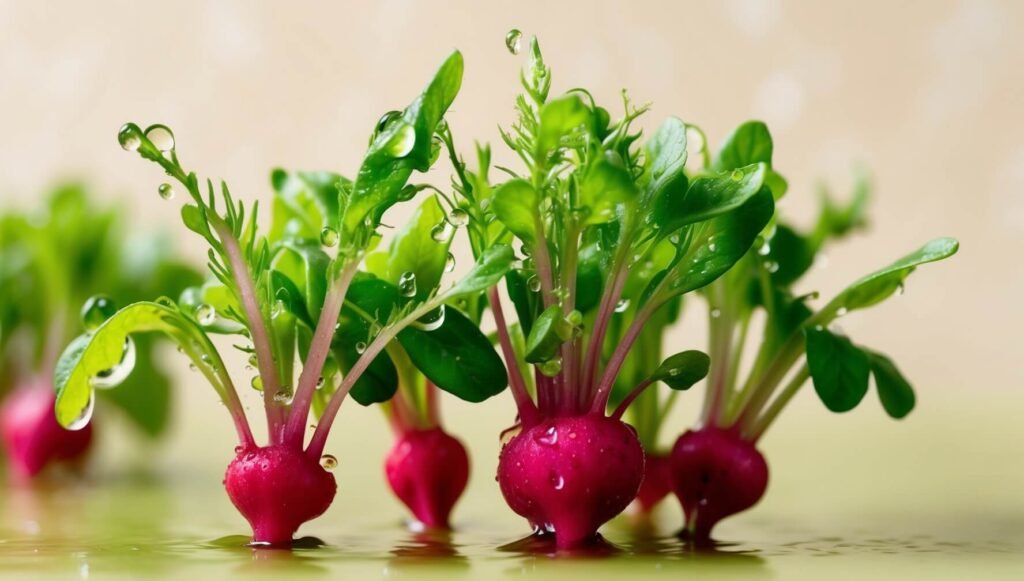 Fotografia macro artística de microgreens de rabanete com gotas de água, enfatizando sua riqueza nutricional e frescor, cores vibrantes