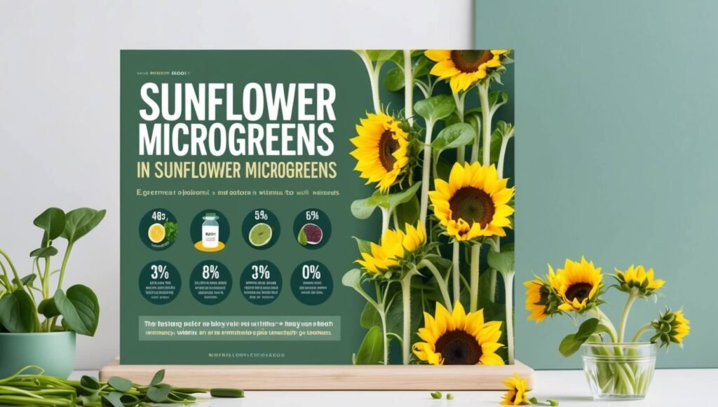 Infográfico nutricional mostrando vitaminas e minerais em microgreens de girassol, design limpo com ícones e porcentagens, estilo educacional, cores modernas