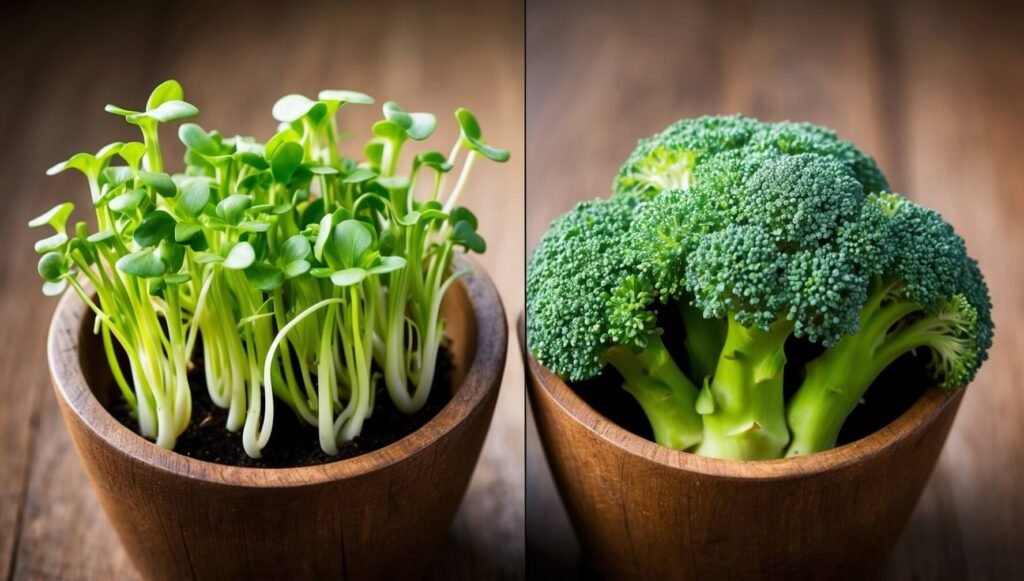 Foto de comparação lado a lado mostrando microgreens de brócolis frescos em um recipiente ao lado de floretes de brócolis maduros, destacando diferenças de tamanho e concentração nutricional