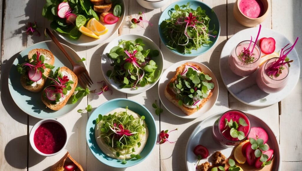 Layout criativo mostrando vários pratos com microgreens de rabanete - saladas, sanduíches, smoothies, guarnições, apresentação colorida e apetitosa