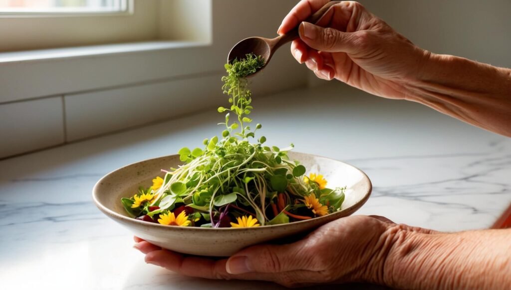 Microgreens de girassol frescos sendo adicionados a uma tigela de salada colorida, mãos visíveis, ambiente de cozinha, iluminação natural, conceito de alimentação saudável