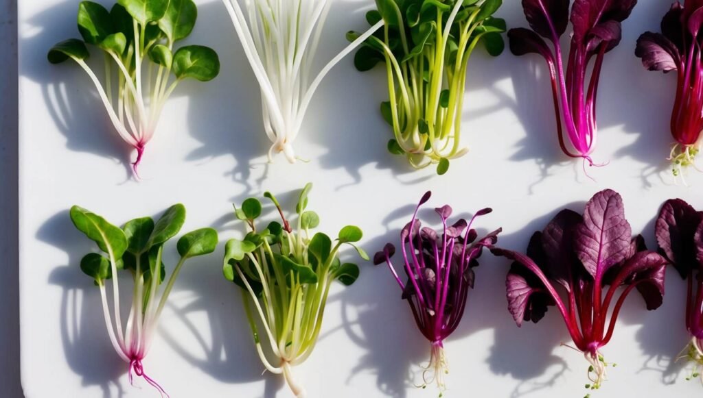 Layout de grade mostrando diferentes variedades de microgreens de rabanete - caules brancos, roxos e vermelhos, mostrando diversidade em cores e aparências