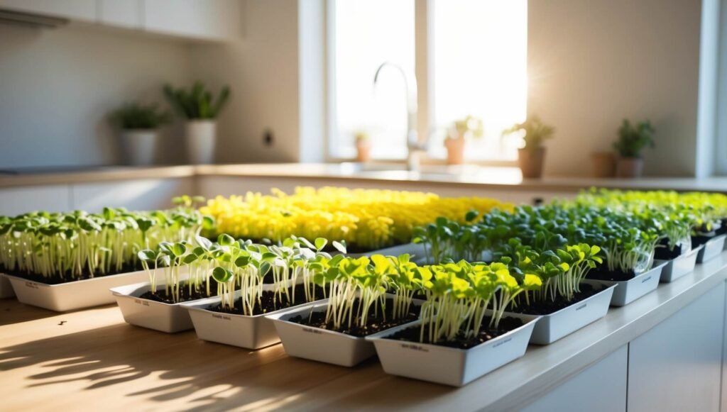 Instalação de cultivo doméstico mostrando microgreens de girassol em diferentes estágios de crescimento, bandejas de cultivo organizadas, iluminação natural, ambiente de cozinha moderno e limpo