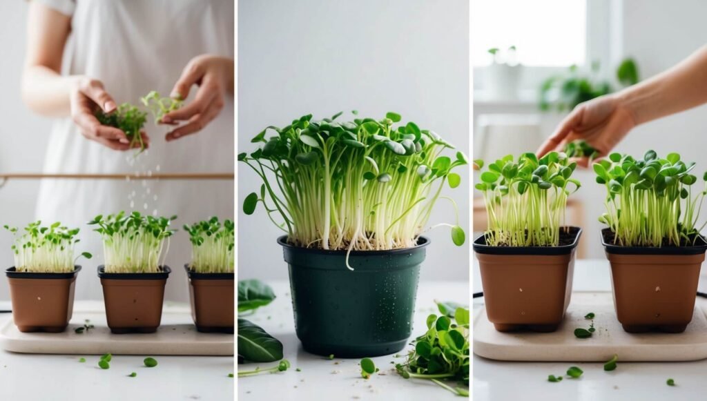 Fotografia passo a passo mostrando o processo de cultivo de microgreens de brócolis, desde a semente até a colheita, usando o sistema de três vasos, em um apartamento limpo