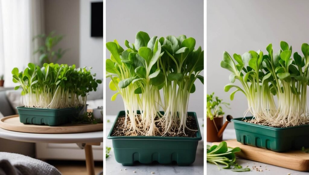 Fotografia passo a passo mostrando o processo de cultivo de microgreens de rabanete, desde as sementes até a colheita, em ambiente de apartamento, apresentação limpa e organizada