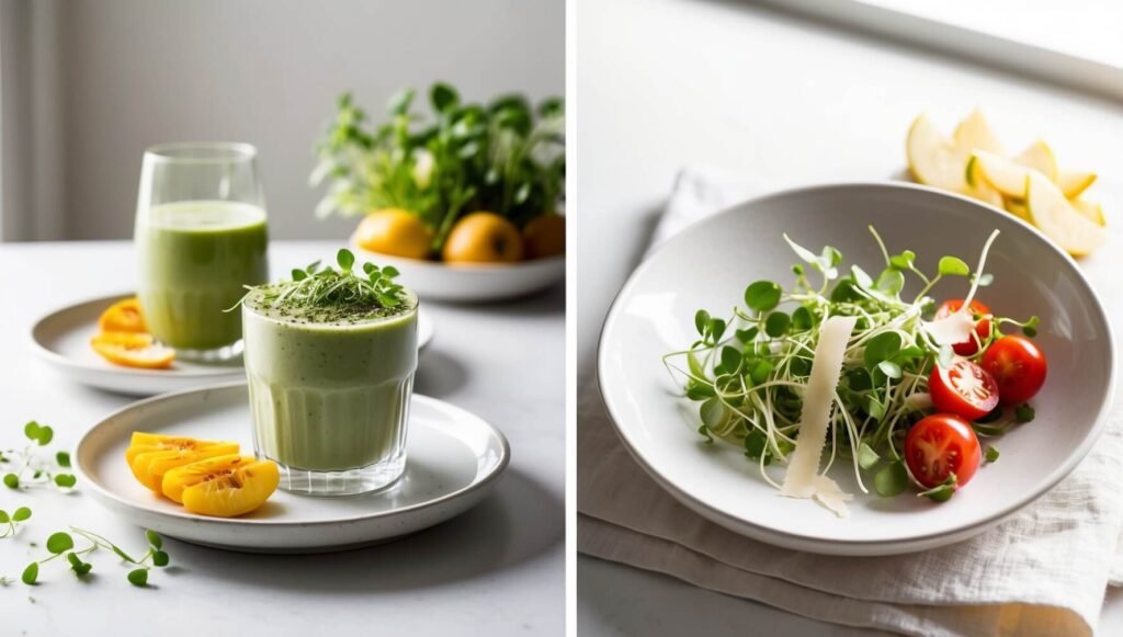 Duas receitas saudáveis com microgreens de girassol - um smoothie verde e uma salada fresca, lindamente apresentados, estilo fotografia de alimentos, iluminação natural brilhante